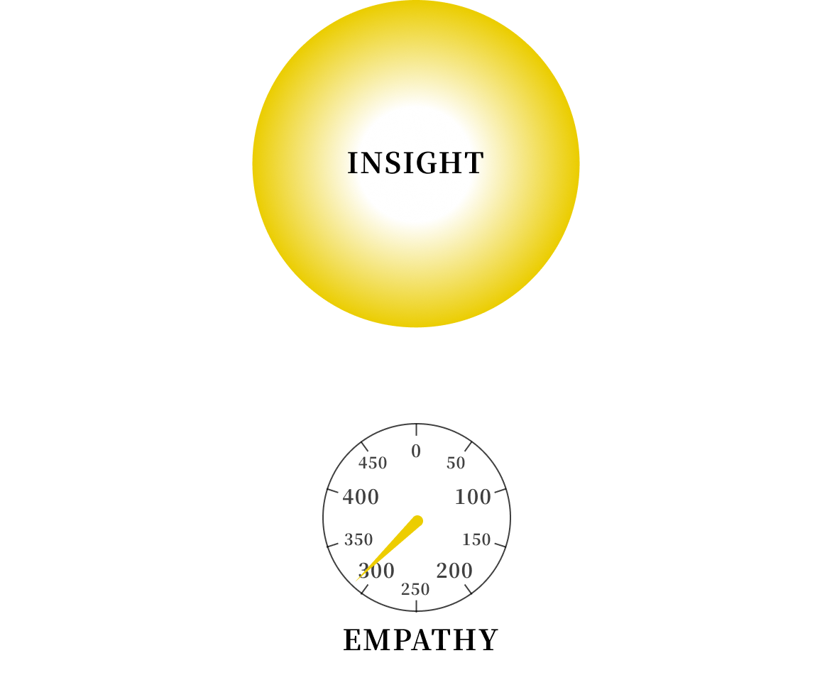 INSIGHTの球をEMPATHYのはかりに載せ、発見したインサイトの共感度を測る。